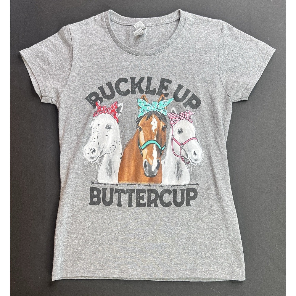 Gildan T-Shirt "Buckle Up Buttercup" Gray Cotton Women's Size Small EUC - Picture 2 of 6
